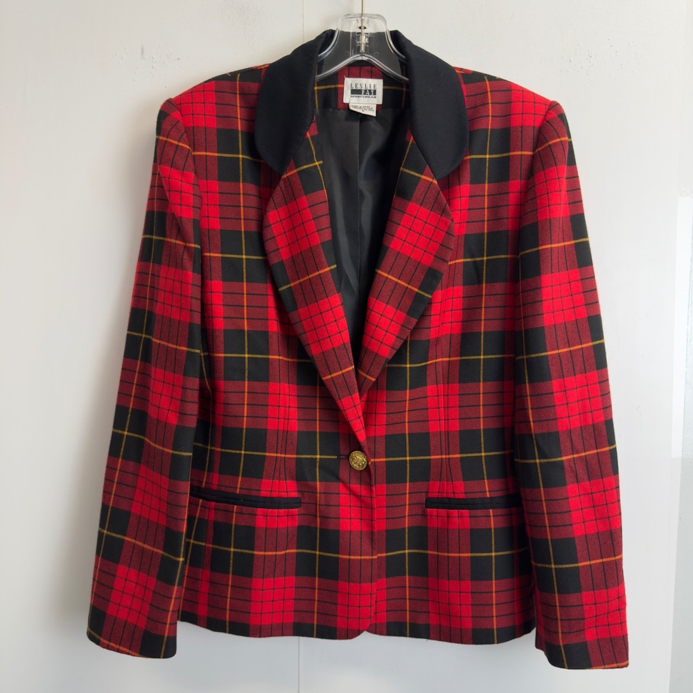 Leslie Fay Sportswear Vintage Red Plaid Blazer Gold Button Notch Collar Size 8